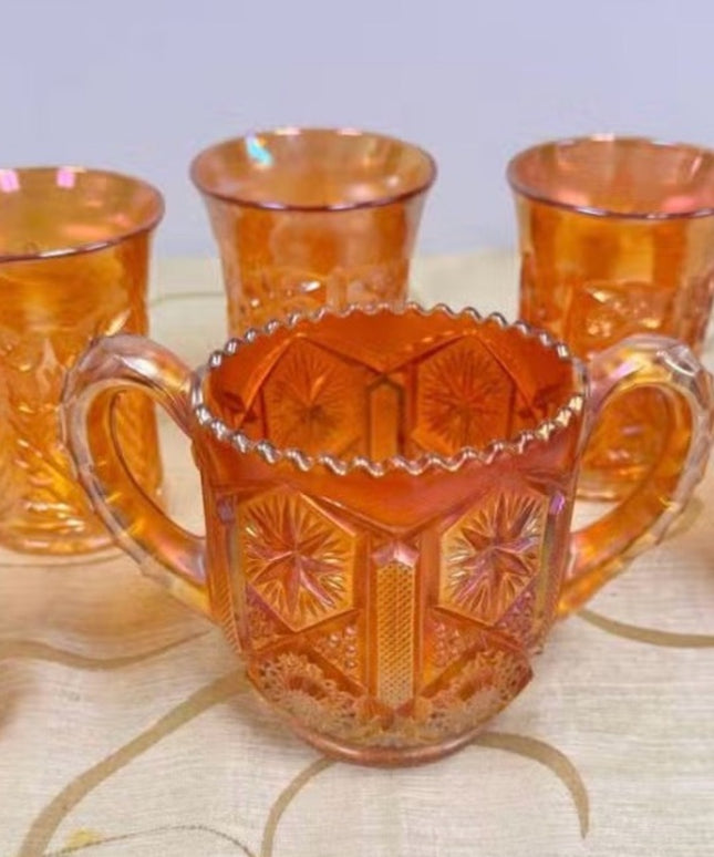 MCM Star & File Marigold Carnival Glass Amber Iridescent Glasses & Spooner