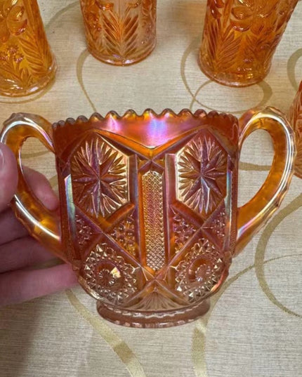 MCM Star & File Marigold Carnival Glass Amber Iridescent Glasses & Spooner