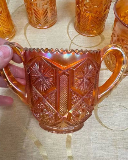 MCM Star & File Marigold Carnival Glass Amber Iridescent Glasses & Spooner