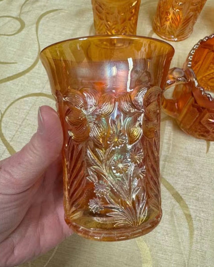 MCM Star & File Marigold Carnival Glass Amber Iridescent Glasses & Spooner