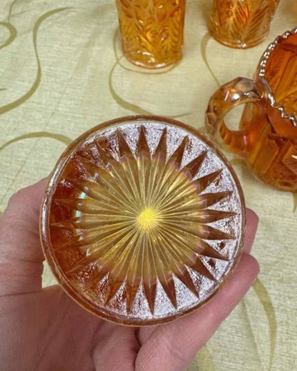 MCM Star & File Marigold Carnival Glass Amber Iridescent Glasses & Spooner