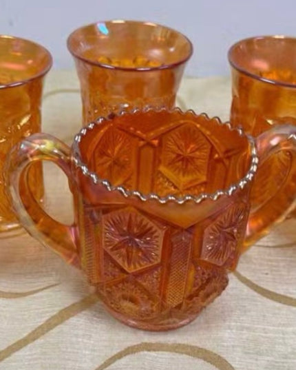 MCM Star & File Marigold Carnival Glass Amber Iridescent Glasses & Spooner