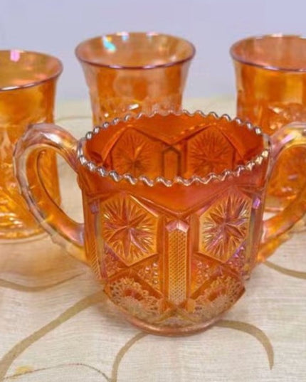MCM Star & File Marigold Carnival Glass Amber Iridescent Glasses & Spooner