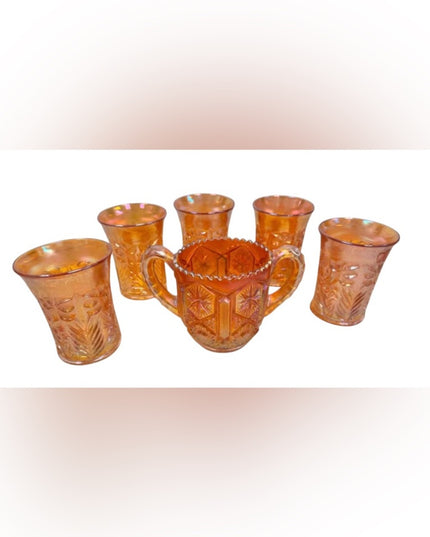 MCM Star & File Marigold Carnival Glass Amber Iridescent Glasses & Spooner