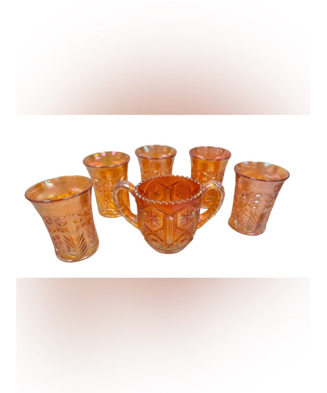 MCM Star & File Marigold Carnival Glass Amber Iridescent Glasses & Spooner