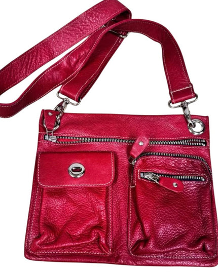 Roots Red Pebbled Leather Medium Crossbody/Shoulder Bag with Silver Hardware