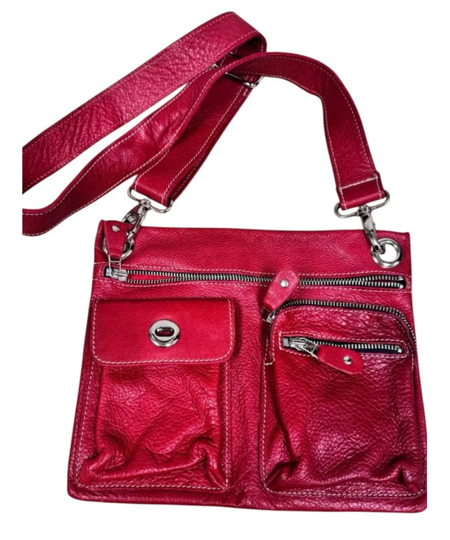 Roots Red Pebbled Leather Medium Crossbody/Shoulder Bag with Silver Hardware