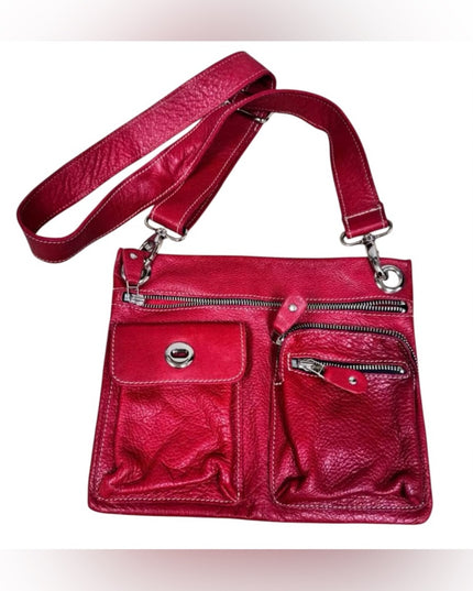 Roots Red Pebbled Leather Medium Crossbody/Shoulder Bag with Silver Hardware