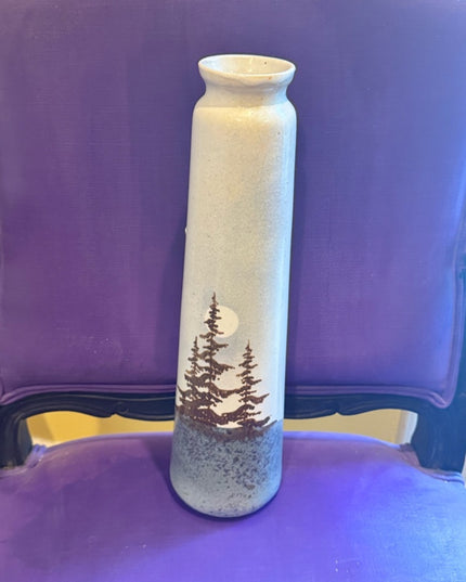 Vintage MCM Studio Pottery Tall Ceramic Bud Vase Tree Moon Scene Southwestern