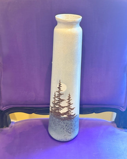 Vintage MCM Studio Pottery Tall Ceramic Bud Vase Tree Moon Scene Southwestern