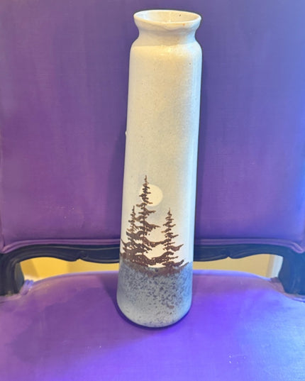 Vintage MCM Studio Pottery Tall Ceramic Bud Vase Tree Moon Scene Southwestern