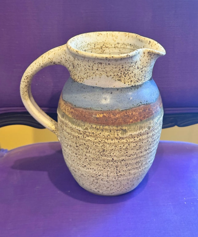 Handmade Vintage Studio 
 Speckled Ceramic Pottery  Jug Pitcher in Cream Blue