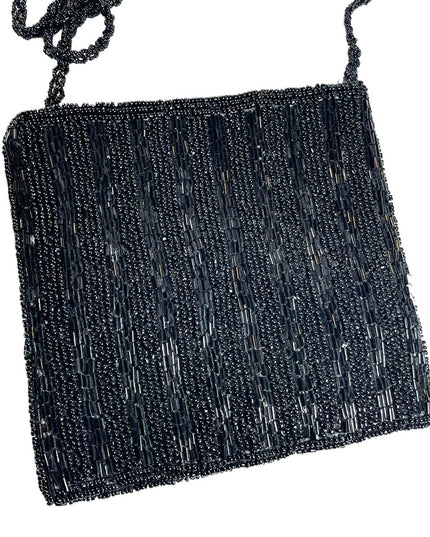 Vintage Black seed bead 1980s square purse evening bag purse