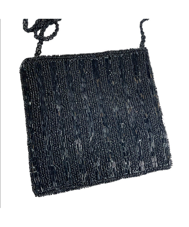 Vintage Black seed bead 1980s square purse evening bag purse