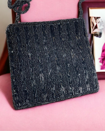 Vintage Black seed bead 1980s square purse evening bag purse