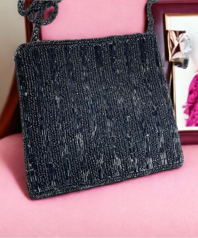 Vintage Black seed bead 1980s square purse evening bag purse