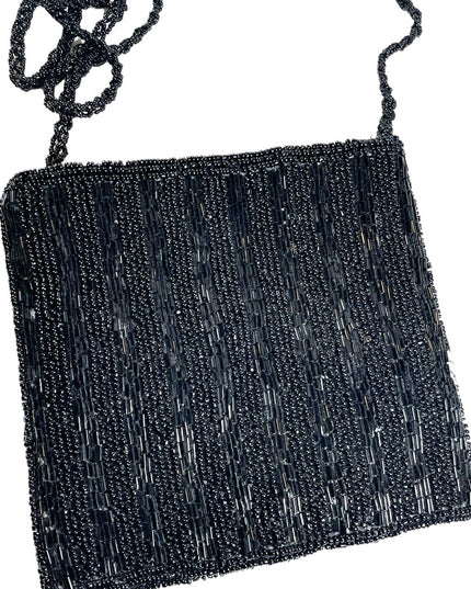 Vintage Black seed bead 1980s square purse evening bag purse
