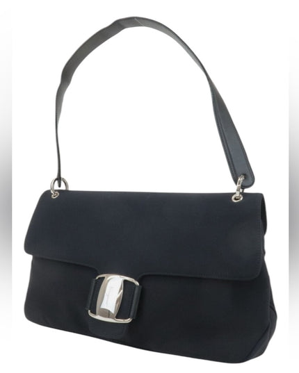 Authentic Ferragamo Vara Ribbon Black Leather Nylon Shoulder Bag
