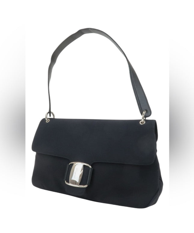 Authentic Ferragamo Vara Ribbon Black Leather Nylon Shoulder Bag