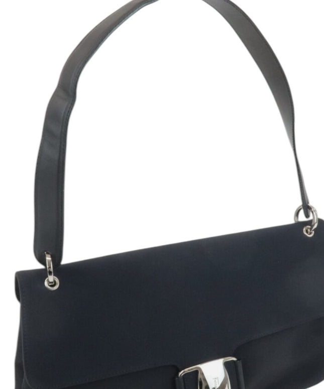 Authentic Ferragamo Vara Ribbon Black Leather Nylon Shoulder Bag