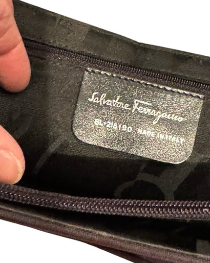 Authentic Ferragamo Vara Ribbon Black Leather Nylon Shoulder Bag