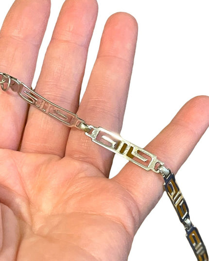 Sterling silver 925 Rhodium plated Greek Key fancy link bracelet