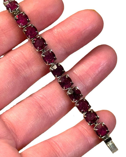 Vintage Elegant Ruby Red crystal Mid Century 1950s silver finish Bracelet