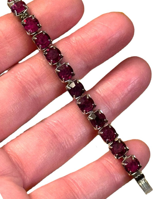 Vintage Elegant Ruby Red crystal Mid Century 1950s silver finish Bracelet