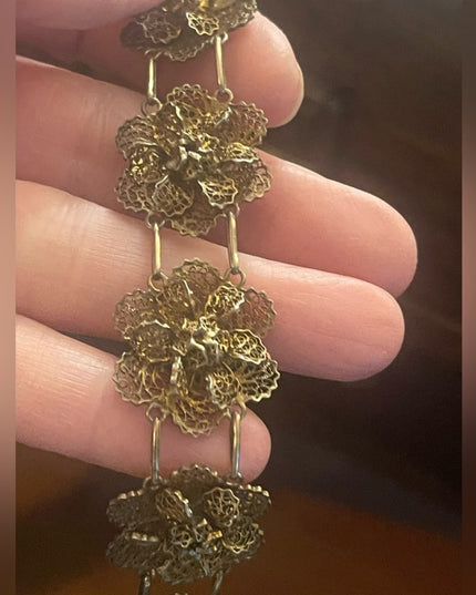 Vintage sterling silver 925 gold Topazio Portugual filagree flowers bracelet
