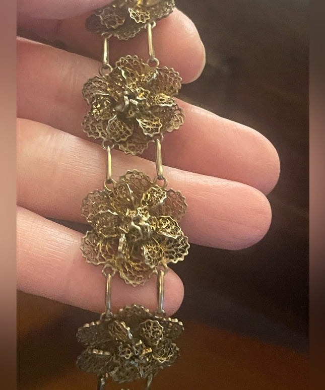 Vintage sterling silver 925 gold Topazio Portugual filagree flowers bracelet