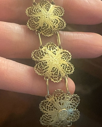 Vintage sterling silver 925 gold Topazio Portugual filagree flowers bracelet
