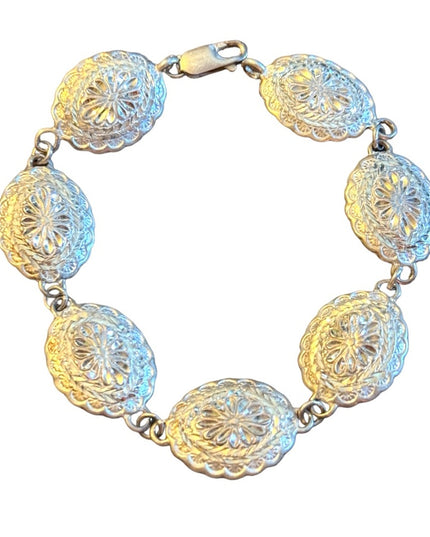 Sterling silver 925 etched concho style southwestern link bracelet