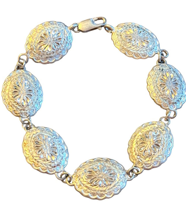 Sterling silver 925 etched concho style southwestern link bracelet