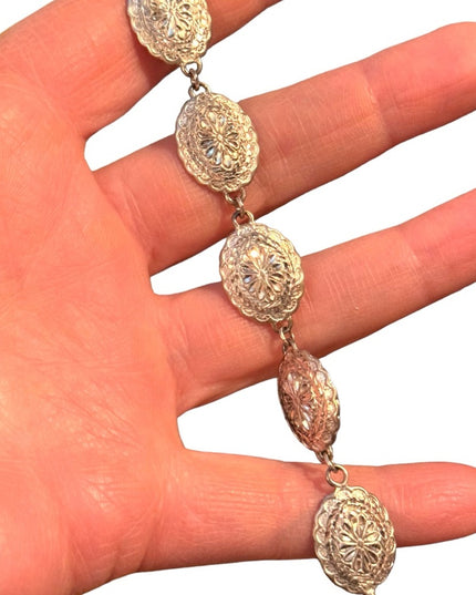 Sterling silver 925 etched concho style southwestern link bracelet
