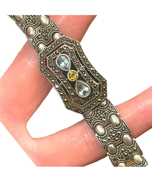Stunner vintage 925 Sterling silver Topaz Citrine Marcasite Fancy Heavy bracelet