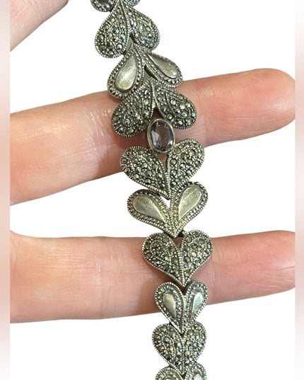 Stunning Heavy Marcasite Sterling silver amethyst fancy heart bracelet