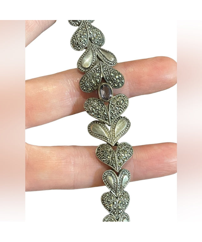 Stunning Heavy Marcasite Sterling silver amethyst fancy heart bracelet