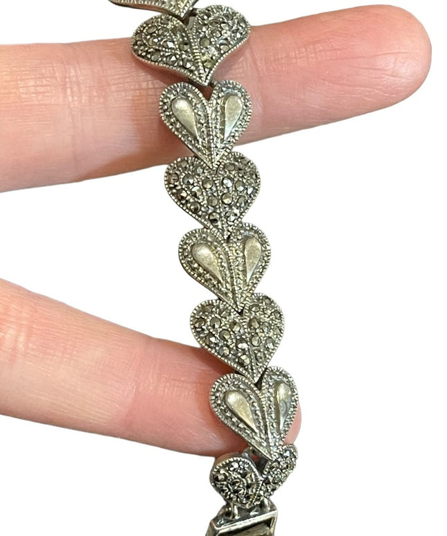 Stunning Heavy Marcasite Sterling silver amethyst fancy heart bracelet