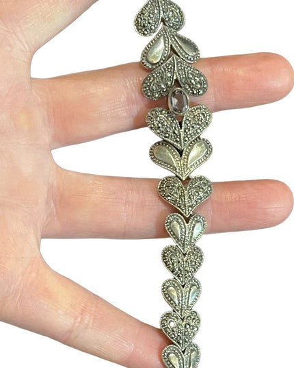 Stunning Heavy Marcasite Sterling silver amethyst fancy heart bracelet