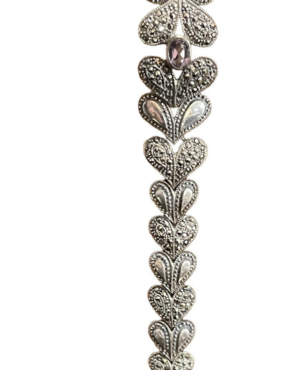 Stunning Heavy Marcasite Sterling silver amethyst fancy heart bracelet