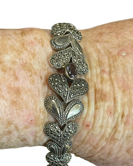 Stunning Heavy Marcasite Sterling silver amethyst fancy heart bracelet