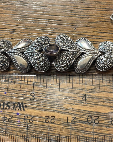 Stunning Heavy Marcasite Sterling silver amethyst fancy heart bracelet