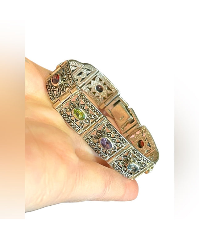 Stunning sterling silver 925 Marcasite multi gemstone ornate link bracelet