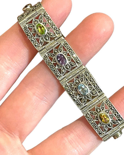 Stunning sterling silver 925 Marcasite multi gemstone ornate link bracelet