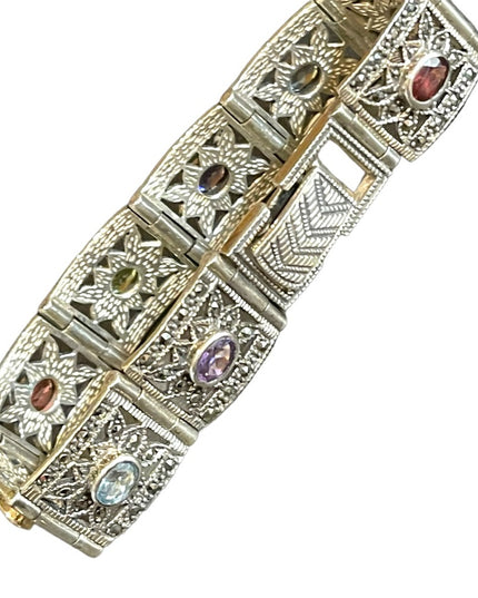 Stunning sterling silver 925 Marcasite multi gemstone ornate link bracelet