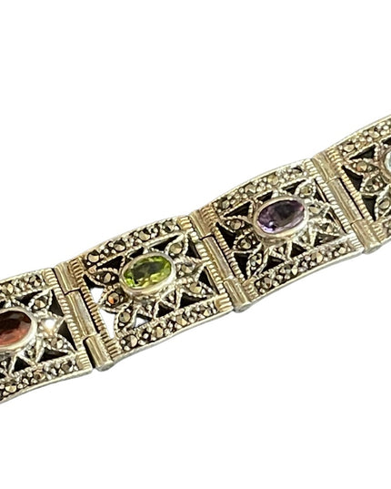 Stunning sterling silver 925 Marcasite multi gemstone ornate link bracelet