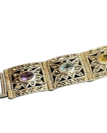 Stunning sterling silver 925 Marcasite multi gemstone ornate link bracelet