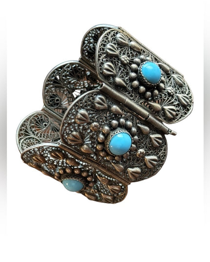 Antique silver filagree turquoise egyption revival art deco link bracelet