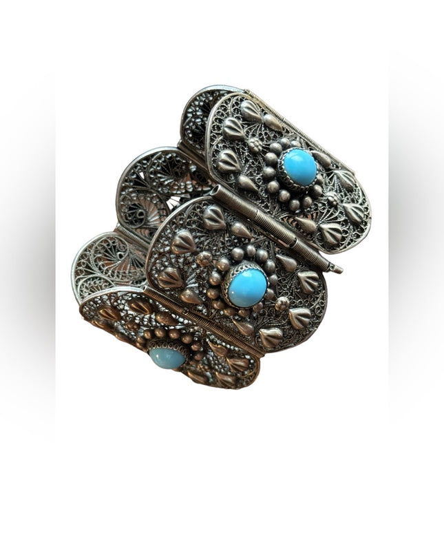 Antique silver filagree turquoise egyption revival art deco link bracelet
