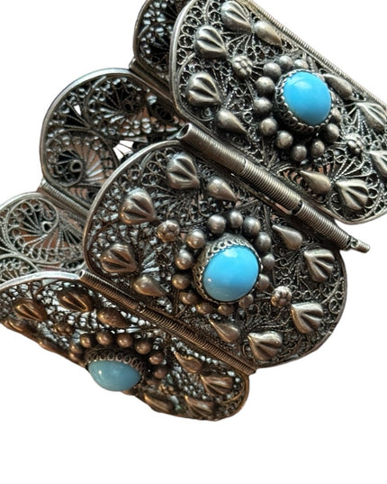 Antique silver filagree turquoise egyption revival art deco link bracelet